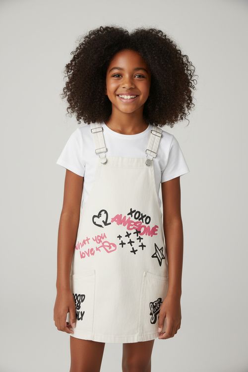 Salopete Infantil Menina Off White Estampa Grafite