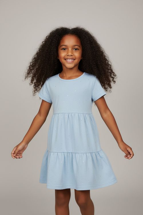 Vestido Infantil Menina Azul Claro 4-8 Anos Brilho Babados