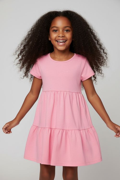 Vestido Infantil Menina Rosa Glitter com Babados