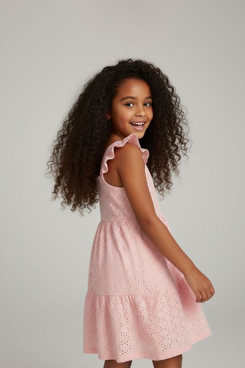 Vestido Infantil Menina Rosa Médio Laise com Babados Ombros