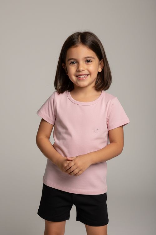 Blusa Infantil Menina Rosa Claro 4-8 Anos Coração Strass