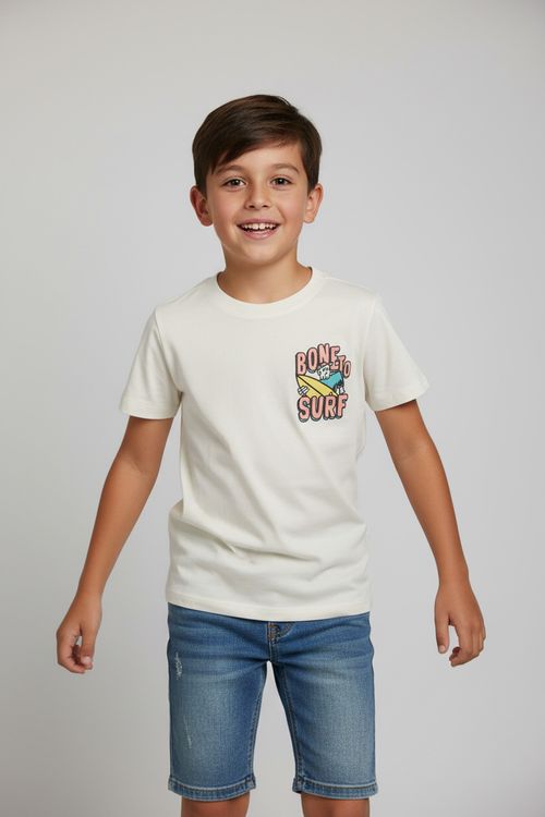 Camiseta Infantil Menino Off White Juvenil Estampa Bone to Surf