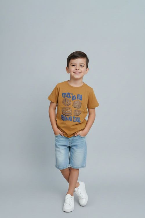 Camiseta Infantil Menino Amarelo Mostarda Criança Dinossauro Fóssil