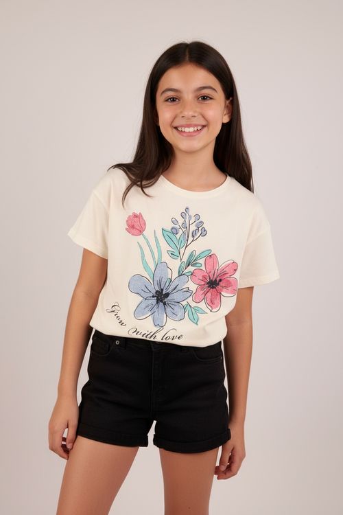 Blusa Infantil Menina Off White Floral 'Grow With Love'
