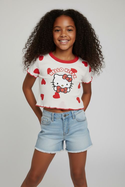 Blusa Cropped Infantil Menina Off White Hello Kitty Corações