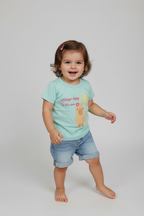 Blusa Infantil Menina Verde Água Estampa Capivara e Sol