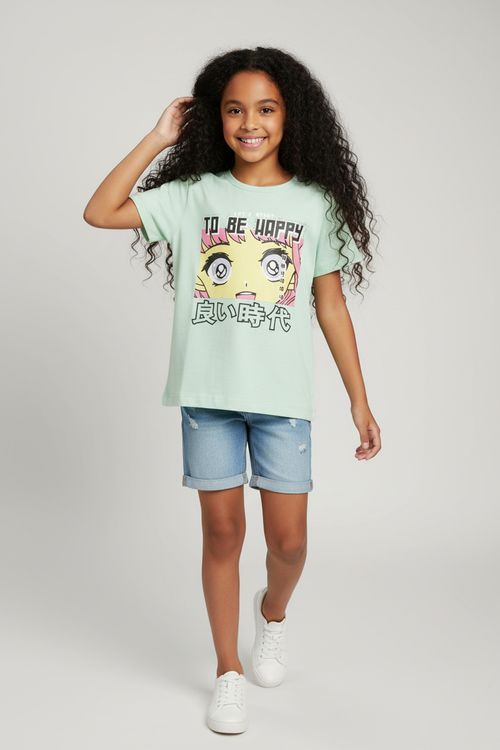 Blusa Infantil Menina Verde Claro 'To Be Happy' Anime