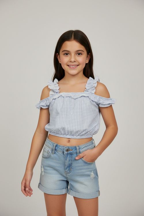 Regata Cropped Infantil Menina Azul Juvenil Xadrez Vichy