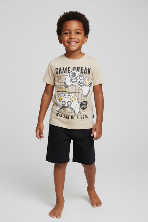 Conjunto Curto Infantil Menino Bege e Preto Gamer Game Freak