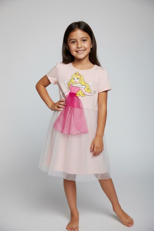 Camisola Pijama Infantil Menina Rosa Claro Princesa Aurora Tule