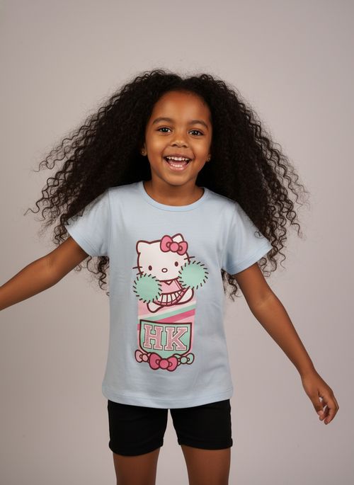 Blusa Infantil Menina Azul Claro Hello Kitty Líder de Torcida