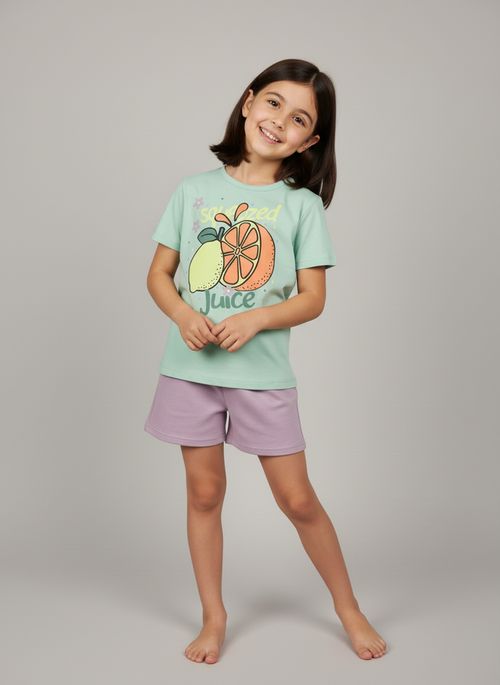 Conjunto Infantil Menina Verde Claro Lilás Estampa Squeezed Juice
