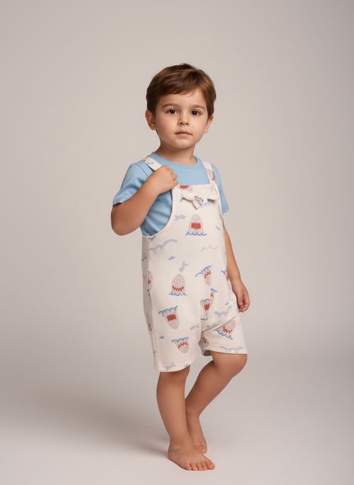 Conjunto Jardineira Infantil Menino Off White Azul Bebê Tubarão