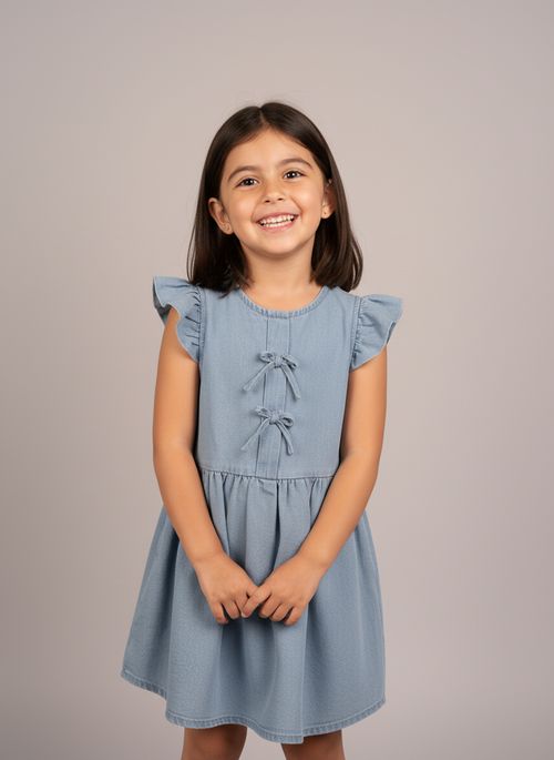 Vestido Infantil Menina Azul Claro Jeans Balonê Laços Babados