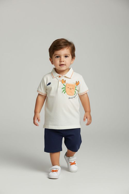Polo Infantil Menino Off White Caranguejo Lúdico e Peixe