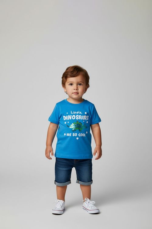 Camiseta Infantil Menino Azul Royal 1-3 Anos Dino Paetê