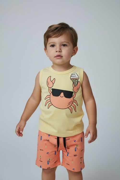 Conjunto Infantil Menino Amarelo/Laranja Caranguejo Chill Praia
