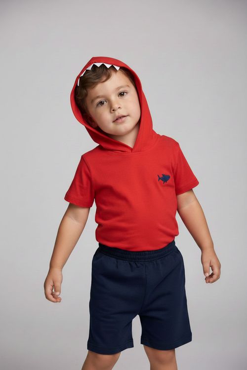 Conjunto Infantil Menino Vermelho Tubarão com Capuz