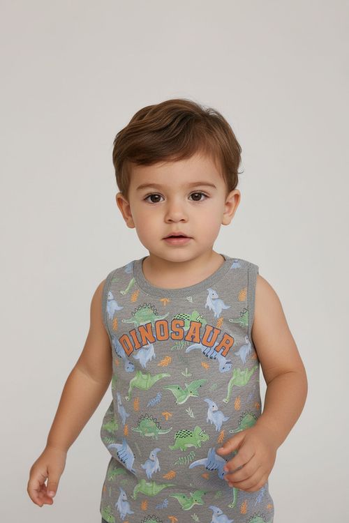 Regata Infantil Menino Cinza Mescla Dinossauros