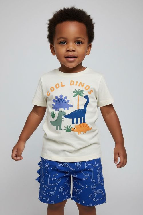 Conjunto Infantil Menino Off White e Azul 1-3 Anos Dinos