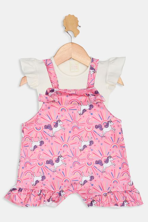 Jardineira Bebê Caedu Unicórnio Rosa c/ Camiseta Babado