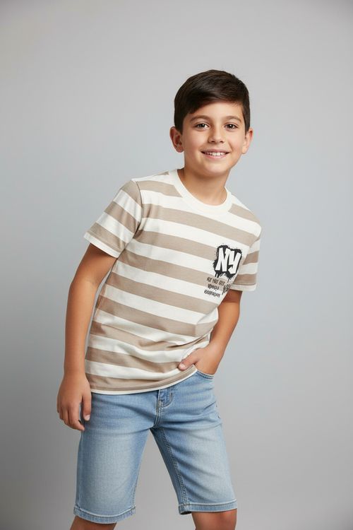 Camiseta Infantil Menino Creme e Marrom Listrada NY