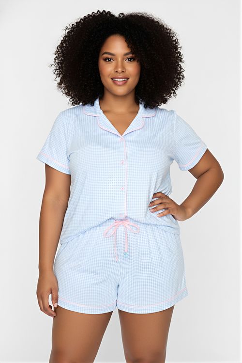 Conjunto Pijama Americano Curto Feminino Azul Bebê Vichy