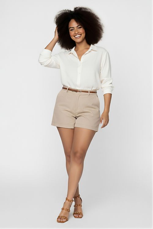 Shorts Chino Feminino Bege com Cinto Marrom