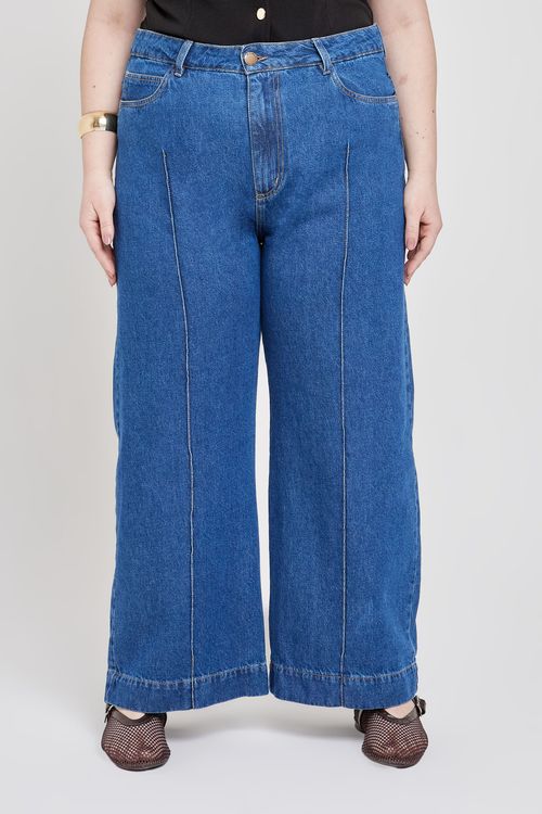 Calça Pantacourt Feminina Azul Escuro com Costura Frontal