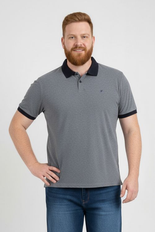 Polo Masculina Cinza Chumbo com Gola Marinho Bordado