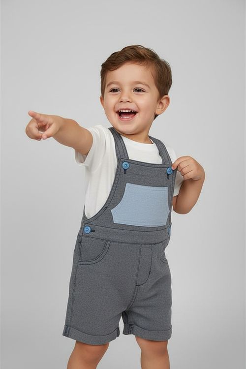 Jardineira de Shorts Infantil Menino Cinza Chumbo Azul Bebê