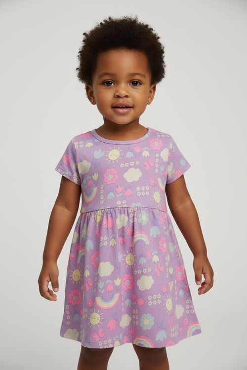 Vestido Infantil Menina Lilás Estampa Arco-Íris e Sol