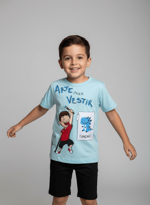 Camiseta Infantil Menino Azul Teleton Tonzinho Dinossauro