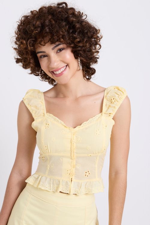 Top Laise Feminino Amarelo Claro Bordados Florais