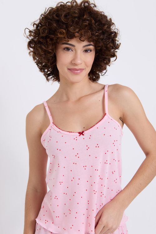 Pijama Camisola Feminino Rosa Claro Estampa Corações
