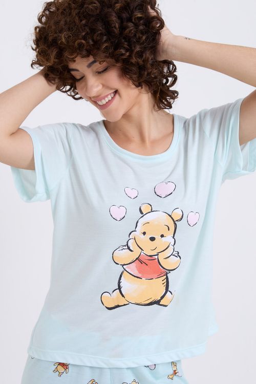 Pijama Curto Feminino Verde Claro Pooh Apaixonado