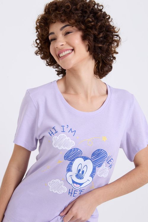 Pijama Curto Feminino Lilás Mickey 'Hi I'm Here' Nuvens