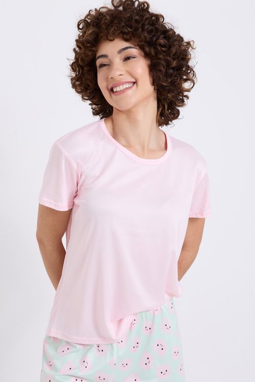 Pijama Curto Feminino Rosa/Verde Menta Estampa Porquinhos