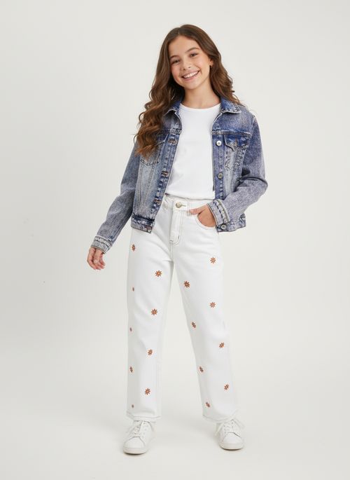 Calça Jeans Infantil Menina Branca Juvenil Bordada Flores
