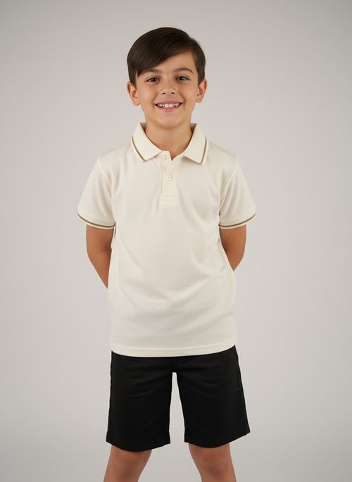 Camiseta Polo Infantil Menino Off White Malha Piquet Listras Finas
