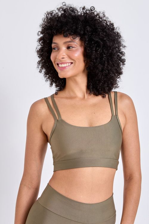 Top Fitness Feminino Verde Oliva Alças Duplas
