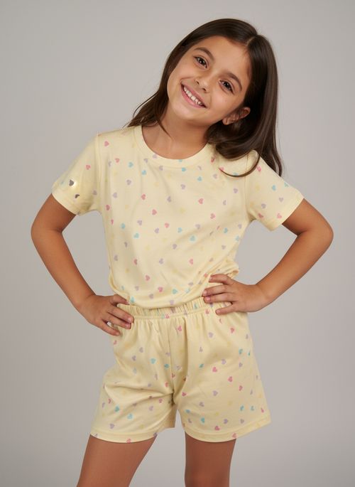 Pijama Curto Infantil Menina Amarelo Corações