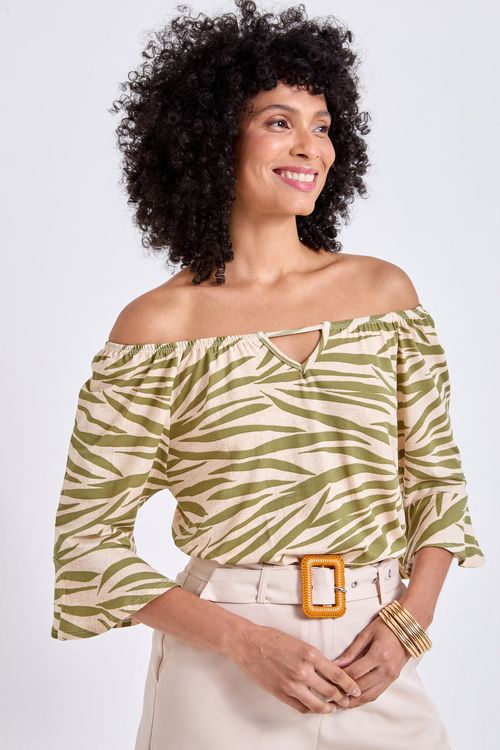 Blusa Ciganinha Feminina Verde e Bege Estampa Zebra Estilizada