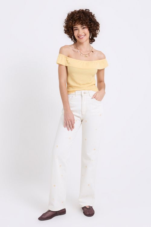 Calça Reta Feminina Off White Bordado Floral Delicado