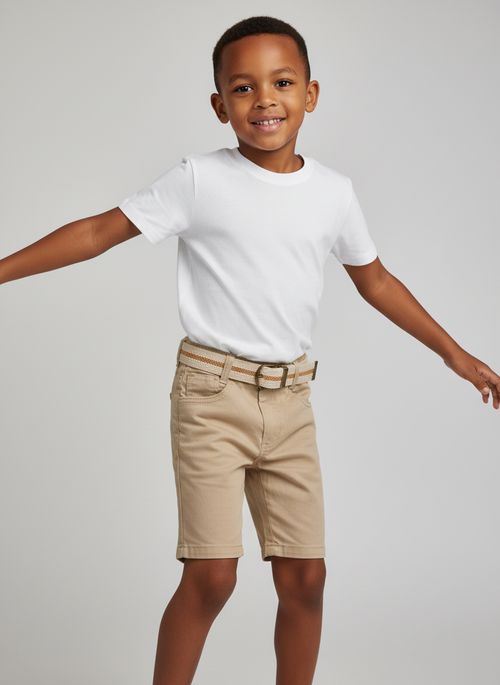 Bermuda Infantil Menino Bege Claro 4-8 Anos com Cinto Listrado