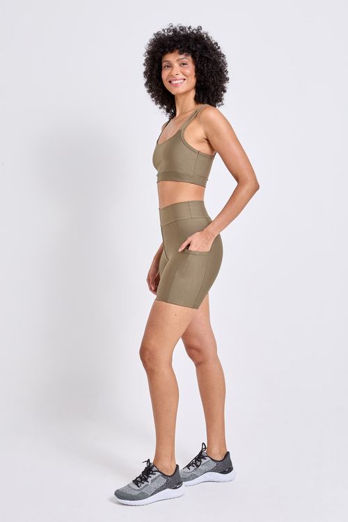 Bermuda Ciclista Feminina Verde Militar Cintura Alta Bolso Lateral