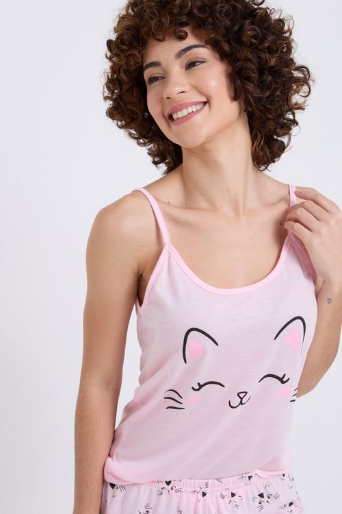 Pijama Regata Shorts Feminino Rosa Claro Estampa Gatinho