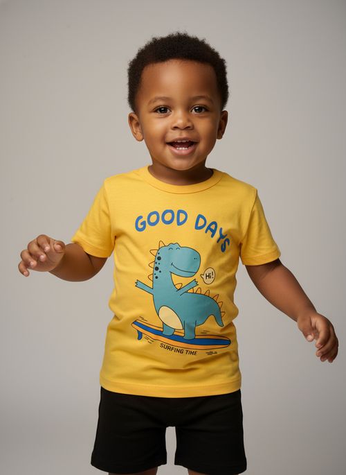 Camiseta Infantil Menino Amarela Dinossauro Surfista Good Days