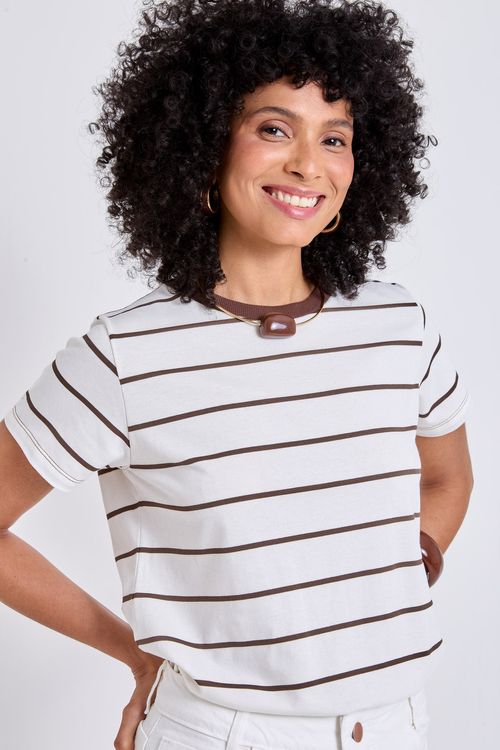 Blusa Feminina Listrada Meia Malha Manga Curta