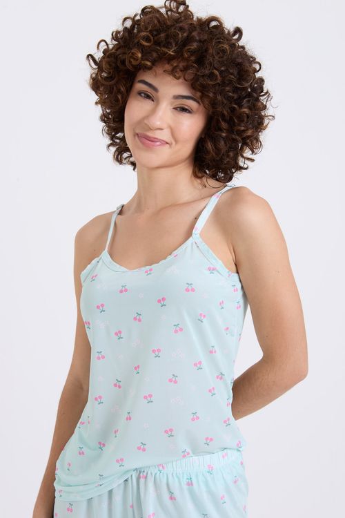 Pijama Feminino Azul Água Cerejas e Flores